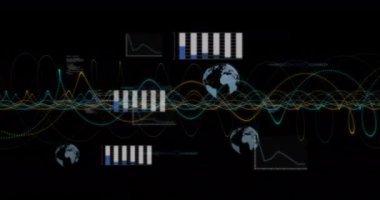 Dünya üzerindeki grafikler ve çizelgeler ve kara zemin üzerindeki dalga formları. İş, teknoloji, veri, analitik, küresel, gelecekçi kavram