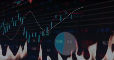 Alevler üzerinde işlenen finansal verilerin animasyonu. Küresel finans, işletme, bağlantılar, hesaplama ve veri işleme kavramı, dijital olarak oluşturulmuş video.