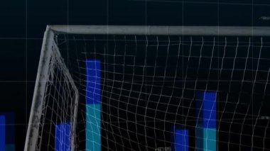 Bar şeması ve dünya haritası animasyonu futbol gol ağının üzerinde. Veri, analitik, spor, istatistik, küresel, teknoloji