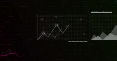 Siyah arkaplan üzerindeki diyagramların veri işleme animasyonları. Teknoloji, iş ve dijital arayüz kavramı, dijital olarak üretilen video.