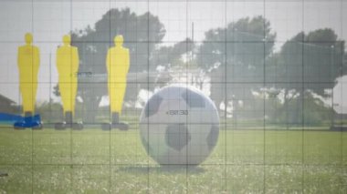 Grafik ve veriler sahada antrenman yapan futbolcuların animasyonlarını gösteriyor. atlet, istatistik, spor verileri, performans, eğitim, hareket