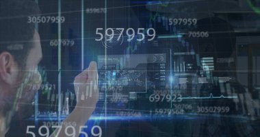 Image of financial data processing over diverse business people in office. global business, finances and digital interface concept digitally generated image.
