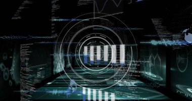 Kapsam taramasında veri işleme resmi. Küresel iş ve dijital arayüz kavramı dijital olarak oluşturulmuş görüntü.