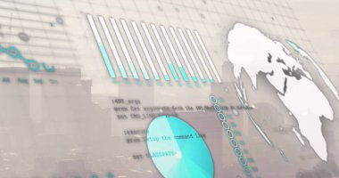 Şehir manzarası üzerinde finansal veri işleme resmi. Küresel iş, finans ve dijital arayüz kavramı dijital olarak oluşturulmuş görüntü.