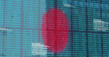 Image of data processing and fingerprint over cityscape. Global business and digital interface concept digitally generated image.