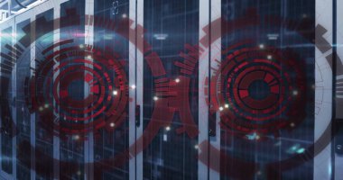 Bilgisayar sunucuları üzerinden veri işleme ve dürbünün resmi. Küresel finans, iş, bağlantılar, hesaplama ve veri işleme kavramı dijital olarak oluşturuldu.