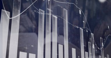 İstatistiklerin resmi, şehir manzarası üzerinde veri işleme. Küresel iş, finans ve veri işleme kavramı dijital olarak oluşturulmuş görüntü.