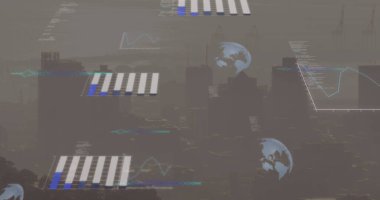 Şehir manzarasının hava görüntüsüne karşı veri işleme görüntüsü. Bilgisayar arayüzü ve iş teknolojisi kavramı