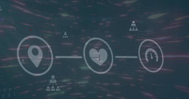 Akış şeması ve profil simgelerinin resmi soyut arkaplana karşı dairesel soyut desen üzerinde. Dijital olarak üretilmiş, hologram, illüstrasyon, iletişim, iş ve teknoloji kavramı.