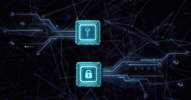 Bilgisayar ana kartından çevrimiçi güvenlik kilidi, anahtar simgeleri ve veri işleme görüntüsü. Dijital olarak oluşturulmuş görüntü küresel çevrimiçi güvenlik, bilgisayar ve veri işleme kavramı.