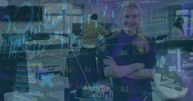 İş kadını üzerinden finansal veri işleme görüntüsü. Küresel finans, iş ve veri işleme kavramı dijital olarak oluşturulmuş görüntü.