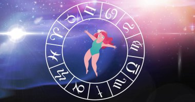 Image of star sign with horoscope wheel spinning over stars on blue to purple background. zodiac signs and astrology concept digitally generated image.