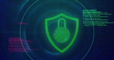 Mavi arka planda bilgisayar diline karşı korunan asma kilidin üzerindeki dairelerin görüntüsü. Dijital olarak oluşturulmuş, hologram, koruma, güvenlik, şekil, kodlama, makine öğrenme ve teknoloji kavramı.