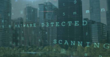 Şehir manzarası üzerindeki simgelerle veri işleme resmi. Küresel teknoloji bağlantıları ve veri işleme kavramı dijital olarak oluşturuldu.