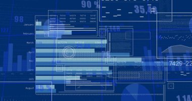 Grafiklerin, ayların isimleri, değişen numaralar, mavi arkaplan üzerindeki daireler ve çubuklar. Dijital olarak üretilmiş, hologram, illüstrasyon, rapor, büyüme, ilerleme ve iş kavramı.