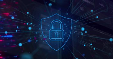 Dijital ekranda mavi noktaların resmi ve siyah arkaplanda dijital asma kilit. Dijital güvenlik, veri işleme, ağ ve teknoloji konsepti dijital olarak oluşturulmuş görüntü.