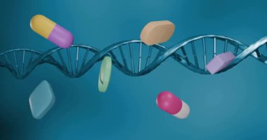 DNA iplikçiklerinin üzerinde dönen hapların animasyonu. Küresel bilim, bağlantılar, hesaplama ve veri işleme kavramı, dijital olarak oluşturulmuş video.