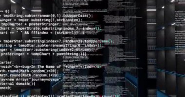 Sunucu odasında veri işleme animasyonu. Teknoloji ve dijital arayüz kavramı, dijital olarak oluşturulmuş video.