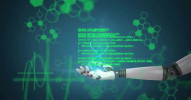 Parlayan DNA ipliği, bilimsel veri animasyonuyla birlikte robot eli yeşil altıgenlerin üzerinde tutuyor. Teknoloji, genetik, yenilik, bilim, biyoteknoloji, fütüristik