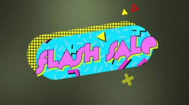 Yeşil arkaplanda renkli geometrik şekiller üzerine ani satış metinleri animasyonu. Terfi, reklam, indirim, canlı, dinamik