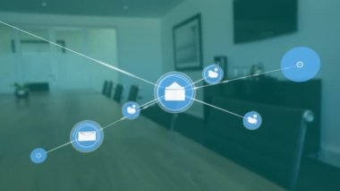 Modern ofis ortamında bağlantılar ve veri işleme animasyonu ağı. Teknoloji, dijital, ağ, iş, iletişim