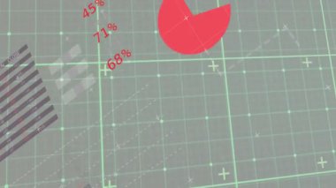 Dünya haritası ve pasta grafiği veri canlandırma animasyonu şebeke arkaplanı üzerinde. analiz, teknoloji, bilgi, istatistik, küresel, dijital