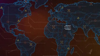 Dünya haritası üzerinde dijital veri işleme animasyonu. Küresel bağlantılar, hesaplama ve veri işleme kavramı, dijital olarak oluşturulmuş video.