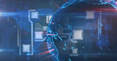 Dijital dünya haritası ve devre kartı bağlantıları parlayan Dünya üzerinde animasyon. Teknoloji, ağ oluşturma, küresel, geleceksel, veri, siber