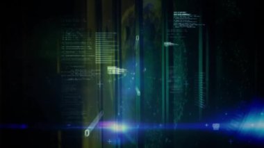 Bilgisayar kodu ve veri işleme animasyonu dijital arayüz arkaplanı üzerinde. Teknoloji, siber, fütürist