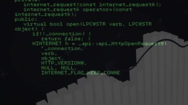 Koyu arkaplanda 3 boyutlu çubuk grafiği üzerinde bilgisayar kodu animasyonu. Veri, teknoloji, dijital, kodlama, görselleştirme, analitik