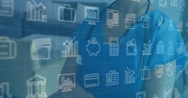 Tıbbi veriler ve sağlık hizmetleri ikonları gülümseyen bir sağlık uzmanına göre animasyon niteliğindedir. teknoloji