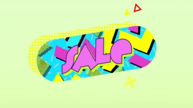 Yeşil arkaplanda soyut geometrik şekiller üzerine renkli metin animasyonu. İndirim, promosyon, canlı, reklam, pazarlama