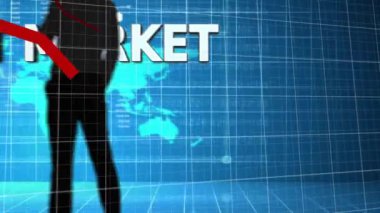 Dünya haritası ve finansal veriler üzerinde hedef pazar metni ve azalan grafik animasyonu. İş, finans, küresel, analiz, düşüş, ekonomi