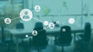 Ofis toplantı odasında boş sandalyelerle bağlantı ağı animasyonu. ağ oluşturma, işbirliği, ticaret, teknoloji, şirket, takım çalışması