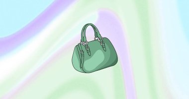 Renkli arka planda yeşil el çantası resmi. Soyut arkaplan ve şablon kavramı, dijital olarak oluşturulmuş resim.