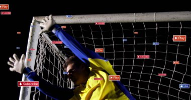 Melez kalecinin golü durduramaması üzerine çoklu uyarı çubuğu resmi. Dijital kompozit, çoklu pozlama, sosyal medya anımsatıcı, benekler ve rekabet konsepti.