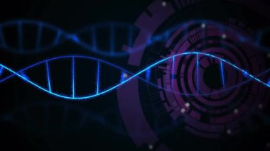 DNA ipliği ve teknolojik vites animasyonu. Bilim, biyoteknoloji, genetik, yenilik, teknoloji, sarmal