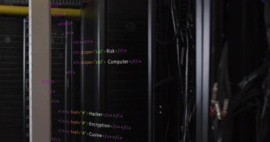 Veri merkezindeki sunucu rafları üzerinde HTML kod animasyonu. Teknoloji, kodlama, ağ, veritabanı, dijital, altyapı