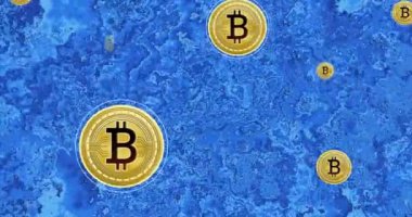 Mavi soyut arkaplan animasyonunun üzerinde yüzen bitcoin paraları. Kripto para birimi, engelleme zinciri, dijital, finans, yatırım, fütürist