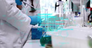 Laboratuvarda kimyasal formüllerle çalışan bilim adamları ekipman üzerinde animasyon yapıyorlar. Bilim, araştırma, deney, kimya, teknoloji, yenilik