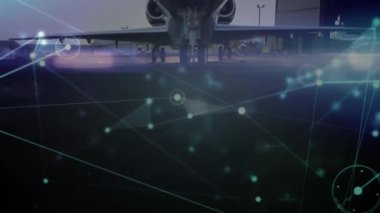 Hangardaki uçak üzerinden bağlantı ve veri işleme animasyonu ağı. Teknoloji, havacılık, bağlantı, yenilik, dijital, iletişim