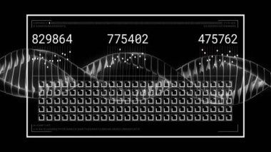 Siyah arkaplan üzerinde numaralar ve dalga formları olan dijital veri işleme animasyonu. Teknoloji, soyut, geleceksel, ağ, siber, matris