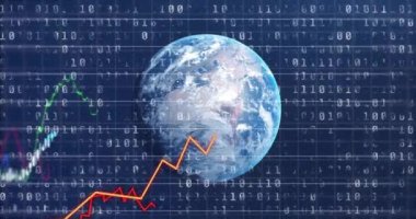 Finansal tablolar ve Dünya üzerinde ikili kodlama animasyonu, küresel veri analizini temsil ediyor. Finans, teknoloji, dijital, ekonomi, dünya çapında, analitik