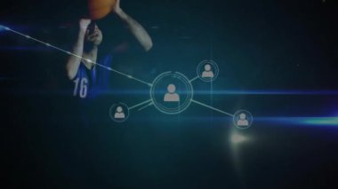 Bağlantılar ağı ve kullanıcı simgeleri animasyonu koyu arkaplan üzerinde mavi çizgiler ile. Teknoloji, ağ oluşturma, dijital, veri, iletişim, internet