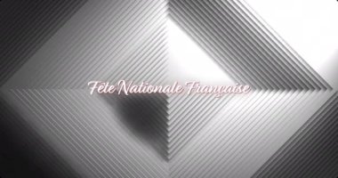 Fte Nationale Franaise geometrik siyah beyaz arka plan üzerinde metin animasyonu. Bastille Günü, kutlama, Fransa, ulusal bayram, vatanseverlik, Fransız kültürü 