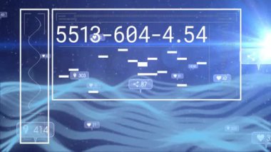 Sayısal kodlarla dijital manzara üzerinde sosyal medya etkileşimi veri animasyonu. Teknoloji, ağ, siber uzay, fütüristik, analitik, bağlantı