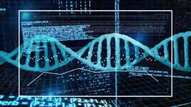 DNA dizisi ve ikili kodlama, bilimsel veri işleme animasyonu. Bilim, teknoloji, genetik, araştırma, biyoteknoloji, analiz