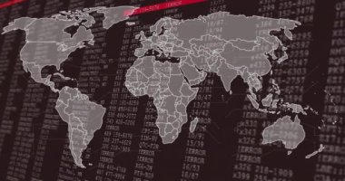 Veri işleme üzerine dünya haritasının animasyonu. Bilim ve dijital arayüz kavramı, dijital olarak üretilen video.