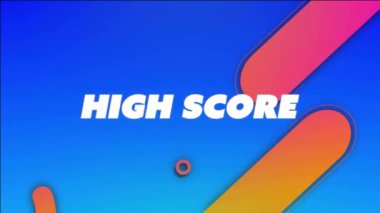 Mavi arkaplanda renkli geometrik şekiller üzerinde yüksek puanlı metin animasyonu. dijital, canlı, modern, soyut, tasarım, grafik