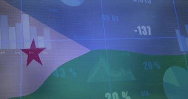 Yıldız ve dalgalı çizgilerle bayrak üzerinde grafikler ve çizelgeler. Veri görselleştirme, analitik, istatistik, bilgi, eğilimler, ekonomi